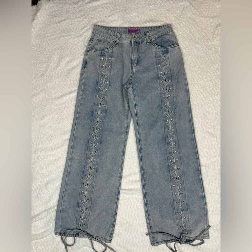 Edikted Light Wash Blue Straight Leg Jeans with Lace-Up Side Detail